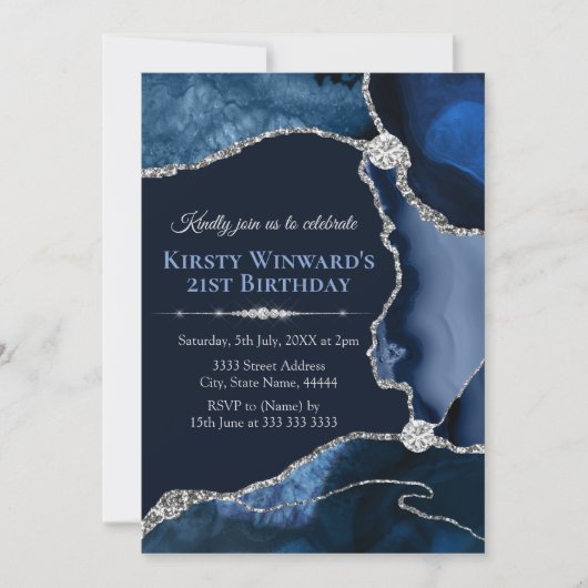 Navy Blue en Silver Glitter Agate Birthday Party Kaart (Voorkant)