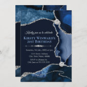 Navy Blue en Silver Glitter Agate Birthday Party Kaart (Voorkant / Achterkant)