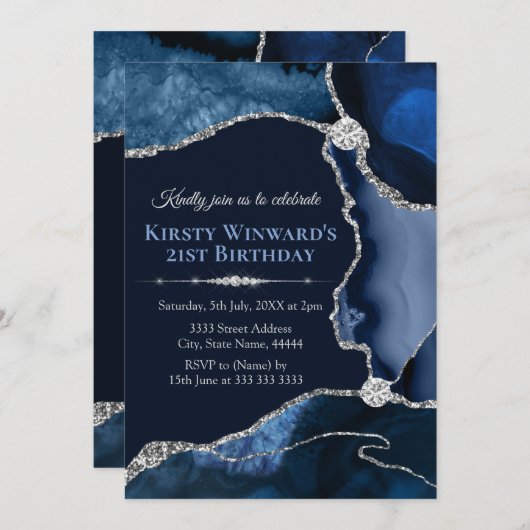 Navy Blue en Silver Glitter Agate Birthday Party Kaart (Voorkant / Achterkant)