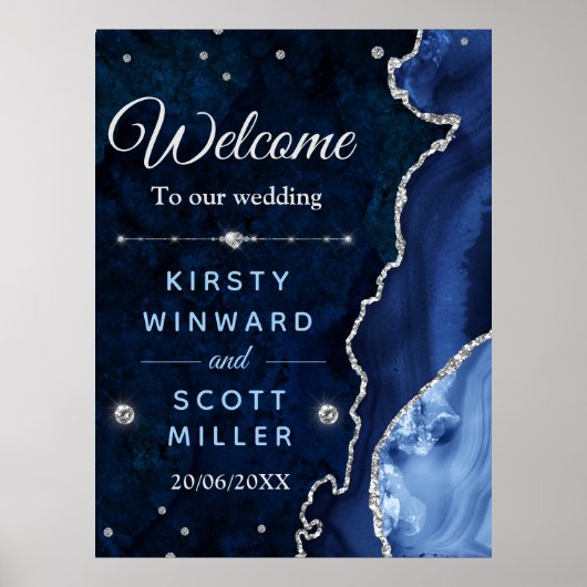 Navy Blue en Silver Glitter Agate & marble Wedding Poster (Voorkant)