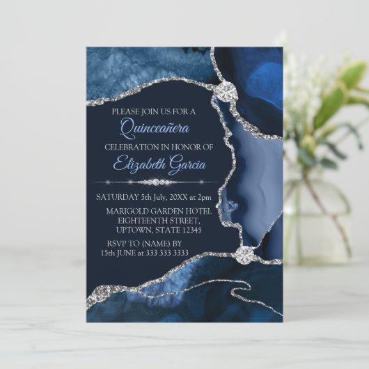 Navy Blue en Silver Glitter Agate Quinceanera Kaart (Staand voorkant)