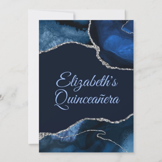 Navy Blue en Silver Glitter Agate Quinceanera Kaart (Achterkant)