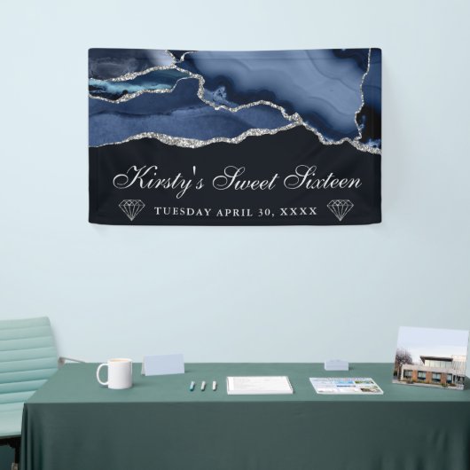 Navy Blue en Silver Glitter Agate Sweet Sixteen Spandoek (Beurs)