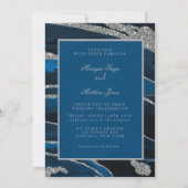 Navy Blue en Silver Glitter Agate Wedding Invitati Kaart (Voorkant)