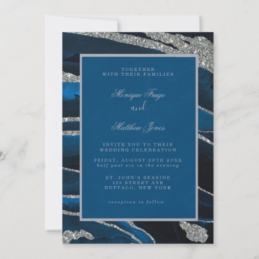 Navy Blue en Silver Glitter Agate Wedding Invitati Kaart (Voorkant)
