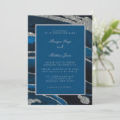 Navy Blue en Silver Glitter Agate Wedding Invitati Kaart (Staand voorkant)