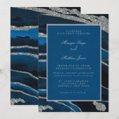 Navy Blue en Silver Glitter Agate Wedding Invitati Kaart (Voorkant / Achterkant)