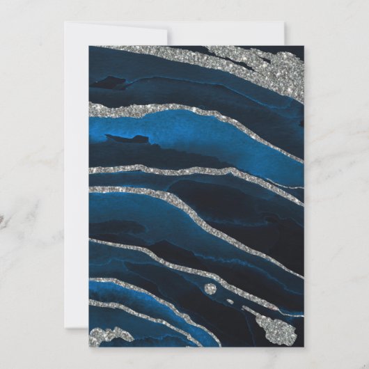 Navy Blue en Silver Glitter Agate Wedding Kaart (Achterkant)