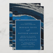 Navy Blue en Silver Glitter Agate Wedding Kaart (Voorkant / Achterkant)