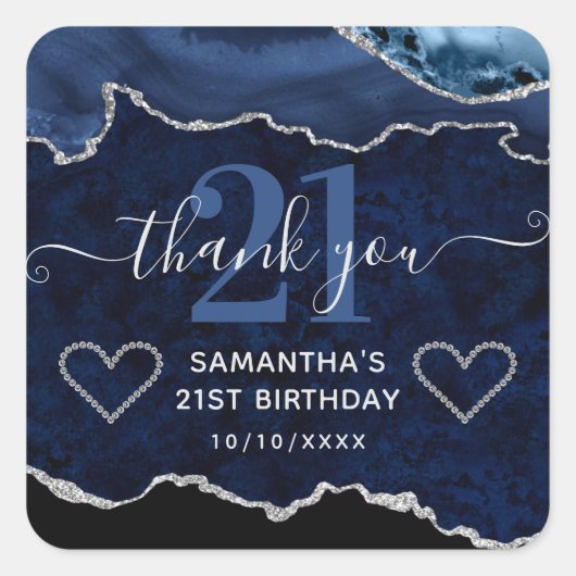 Navy Blue en Silver Glitter Marble Agate Birthday Vierkante Sticker (Voorkant)
