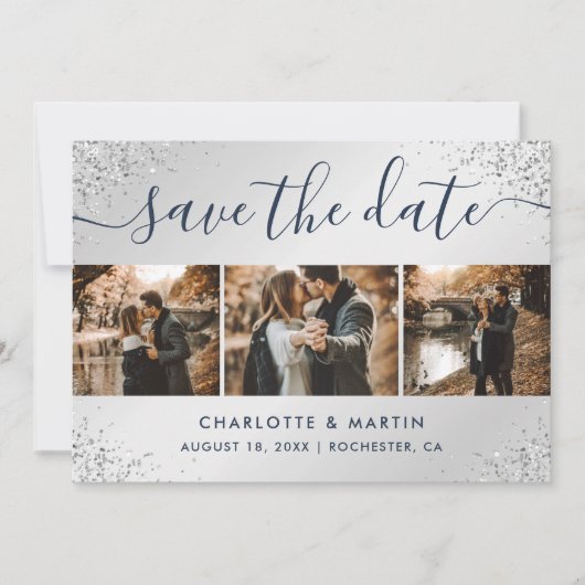 Navy Blue en Silver Glitter Photo Collage Wedding Save The Date (Voorkant)