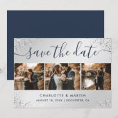 Navy Blue en Silver Glitter Photo Collage Wedding Save The Date (Voorkant / Achterkant)