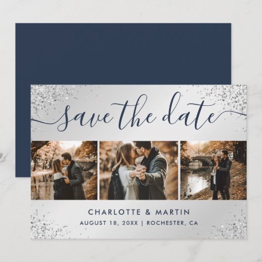 Navy Blue en Silver Glitter Photo Collage Wedding Save The Date (Voorkant / Achterkant)
