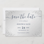 Navy Blue en Silver Glitter Script Wedding Save The Date (Voorkant)