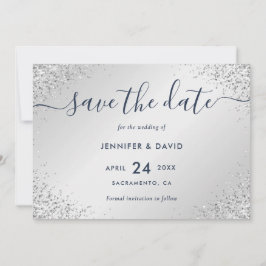 Navy Blue en Silver Glitter Script Wedding Save The Date