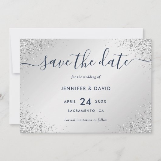 Navy Blue en Silver Glitter Script Wedding Save The Date (Voorkant)