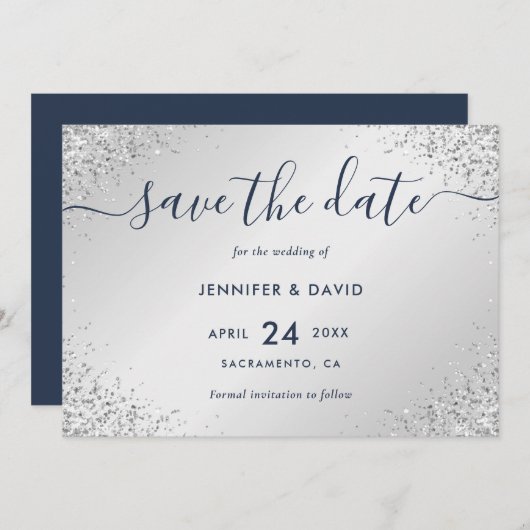 Navy Blue en Silver Glitter Script Wedding Save The Date (Voorkant / Achterkant)