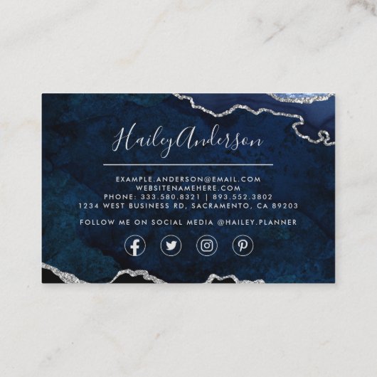 Navy Blue en Silver Glitter Waterverf Gilded Agate Visitekaartje (Achterkant)