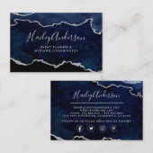 Navy Blue en Silver Glitter Waterverf Gilded Agate Visitekaartje (Voorkant / Achterkant)