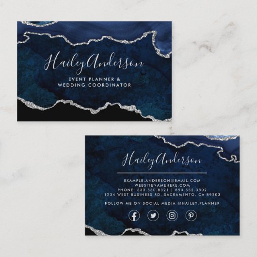 Navy Blue en Silver Glitter Waterverf Gilded Agate Visitekaartje (Voorkant / Achterkant)