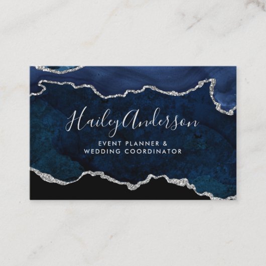 Navy Blue en Silver Glitter Waterverf Gilded Agate Visitekaartje (Voorkant)
