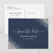 Navy Blue en Silver Glitter Wedding Save the Date Aankondigingskaart (Voorkant / Achterkant)