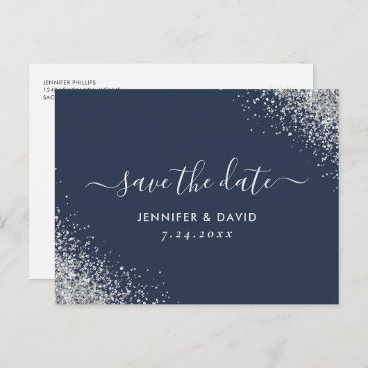 Navy Blue en Silver Glitter Wedding Save the Date Aankondigingskaart (Voorkant / Achterkant)