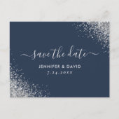Navy Blue en Silver Glitter Wedding Save the Date Aankondigingskaart (Voorkant)
