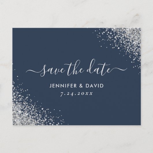 Navy Blue en Silver Glitter Wedding Save the Date Aankondigingskaart (Voorkant)