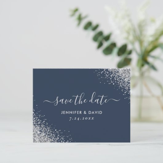 Navy Blue en Silver Glitter Wedding Save the Date Aankondigingskaart (Staand voorkant)