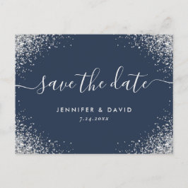 Navy Blue en Silver Glitter Wedding Save the Date Aankondigingskaart