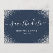 Navy Blue en Silver Glitter Wedding Save the Date Aankondigingskaart (Voorkant)
