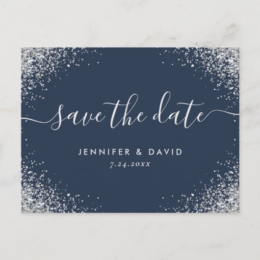 Navy Blue en Silver Glitter Wedding Save the Date Aankondigingskaart (Voorkant)