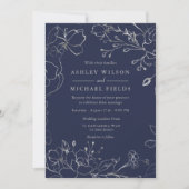 Navy Blue en Silver Grey Floral Modern Wedding Kaart (Voorkant)
