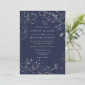Navy Blue en Silver Grey Floral Modern Wedding Kaart (Staand voorkant)
