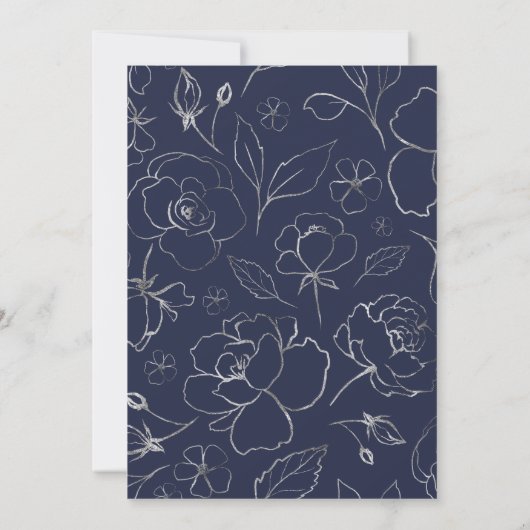 Navy Blue en Silver Grey Floral Modern Wedding Kaart (Achterkant)