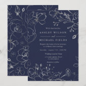 Navy Blue en Silver Grey Floral Modern Wedding Kaart (Voorkant / Achterkant)