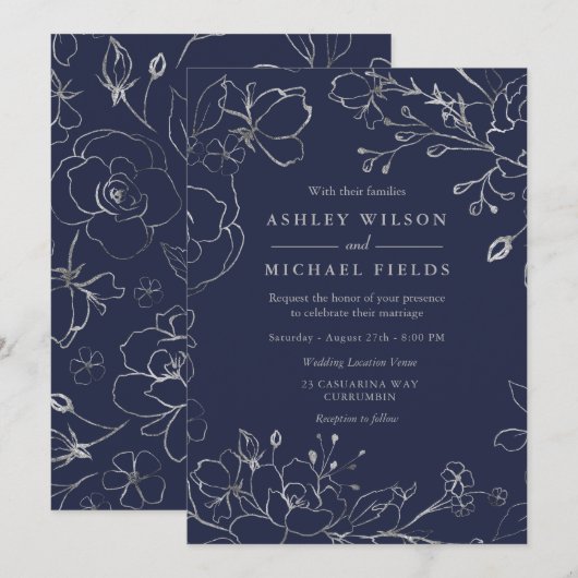 Navy Blue en Silver Grey Floral Modern Wedding Kaart (Voorkant / Achterkant)