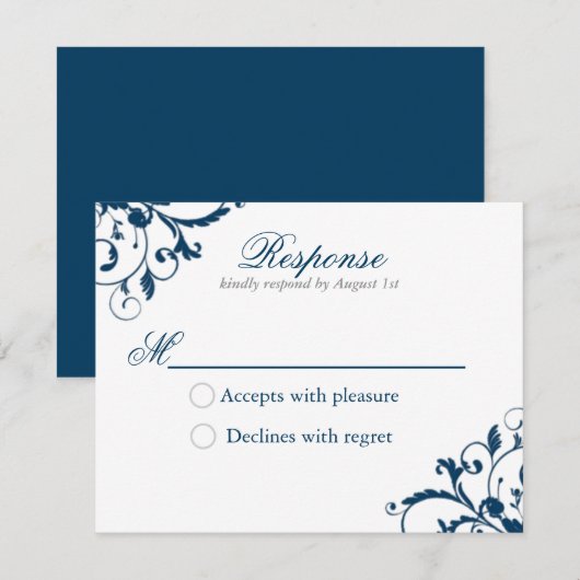 Navy Blue en Silver Grey Flourish Respons Kaart (Voorkant / Achterkant)