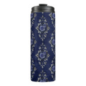 Navy Blue en Silver  Grunge Bloemdamast Thermosbeker (Voorkant)