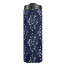 Navy Blue en Silver  Grunge Bloemdamast