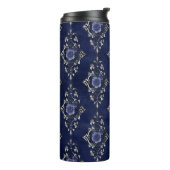 Navy Blue en Silver  Grunge Bloemdamast Thermosbeker (Gedraaid links)