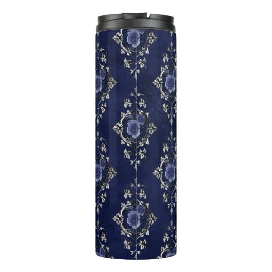 Navy Blue en Silver Grunge Bloemdamast Thermosbeker (Achterkant)