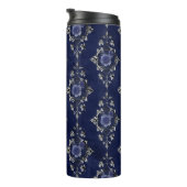 Navy Blue en Silver  Grunge Bloemdamast Thermosbeker (Geroteerd rechts)
