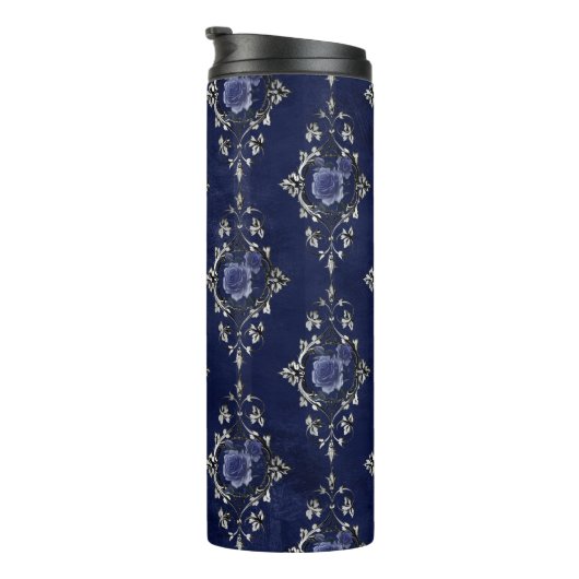 Navy Blue en Silver  Grunge Bloemdamast Thermosbeker (Geroteerd rechts)