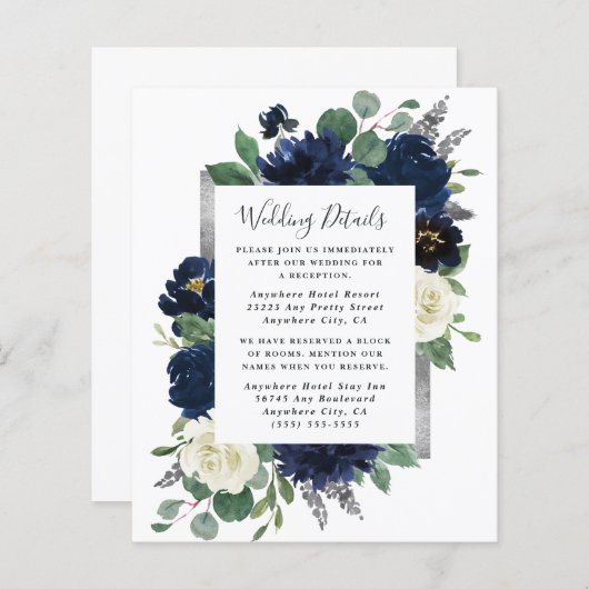 Navy Blue en Silver Ivory Wedding Enclosure Kaart (Voorkant / Achterkant)