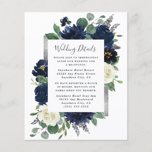 Navy Blue en Silver Ivory Wedding Enclosure Kaart (Voorkant)