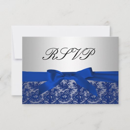 Navy Blue en Silver Lace Wedding RSVP (Voorkant)