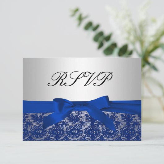 Navy Blue en Silver Lace Wedding RSVP (Staand voorkant)