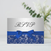 Navy Blue en Silver Lace Wedding RSVP Kaartje (Staand voorkant)